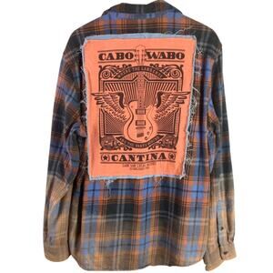 Reworked Cabo Wabo FLANNEL distressed DENIM shirt patch Orange 2XL